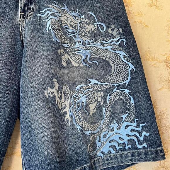 Vintage Embroidered Dragon Baggy JNCO Shorts Jorts Size 36 - Picture 2 of 8